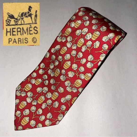 Hermes 100% Silk Tie Red w Hops Beer Brewing Novelty Print - Picture 1 of 3